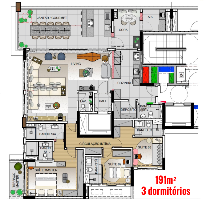 Planta Apartamento de 191m² com 3 dormitórios